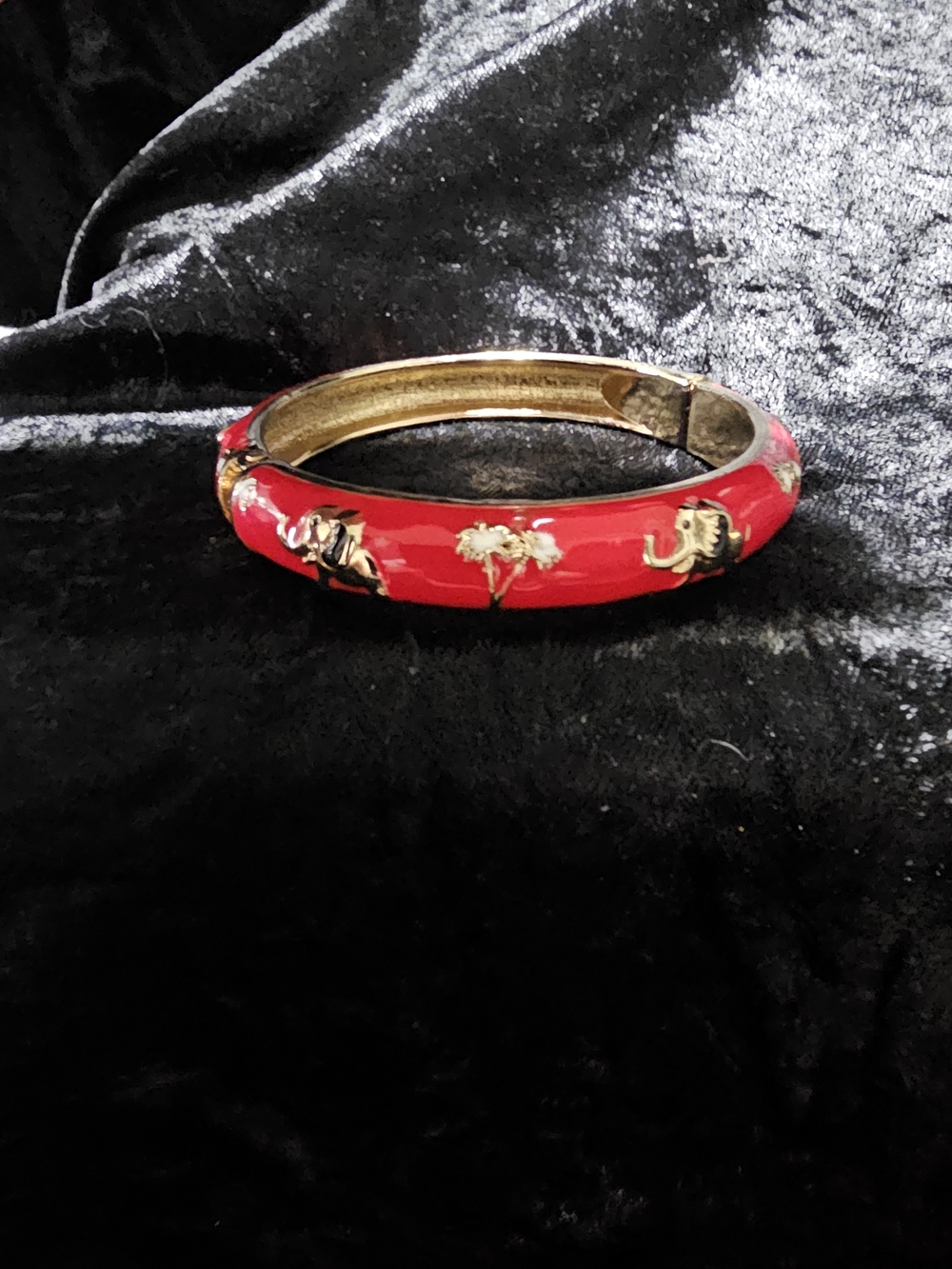 Red Gold-Tone Elephant Motif Enamel Bangle Bracelet